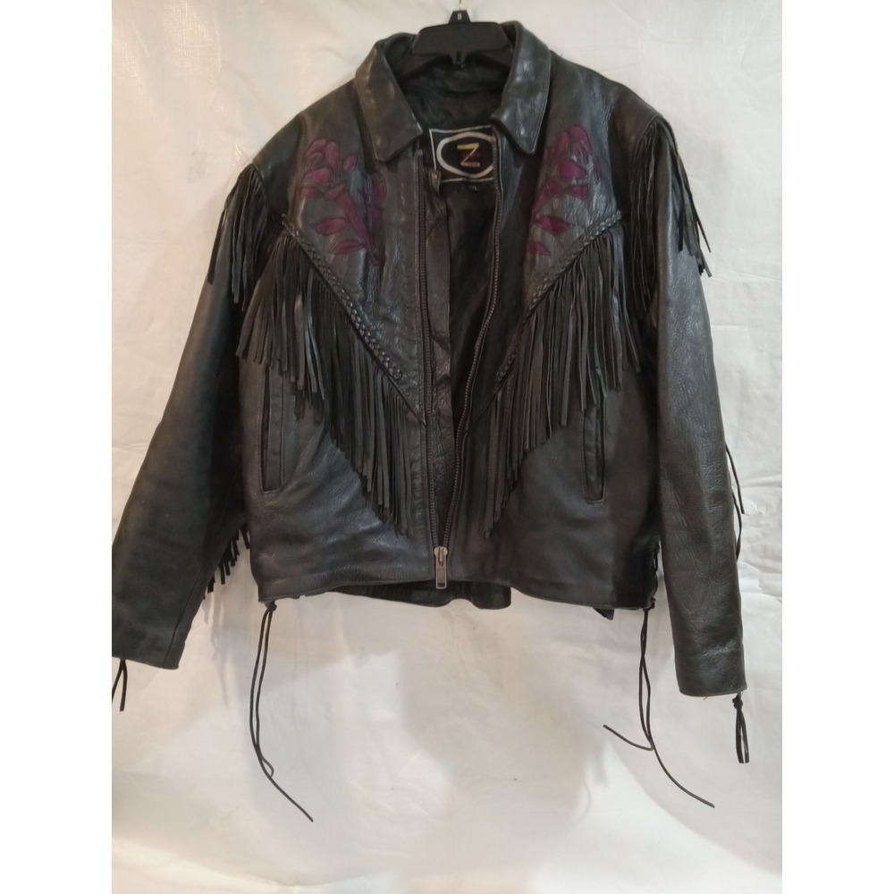 Zony Inc XXL Black Leather Fringe Biker Jacket Purple Rose Floral Applique